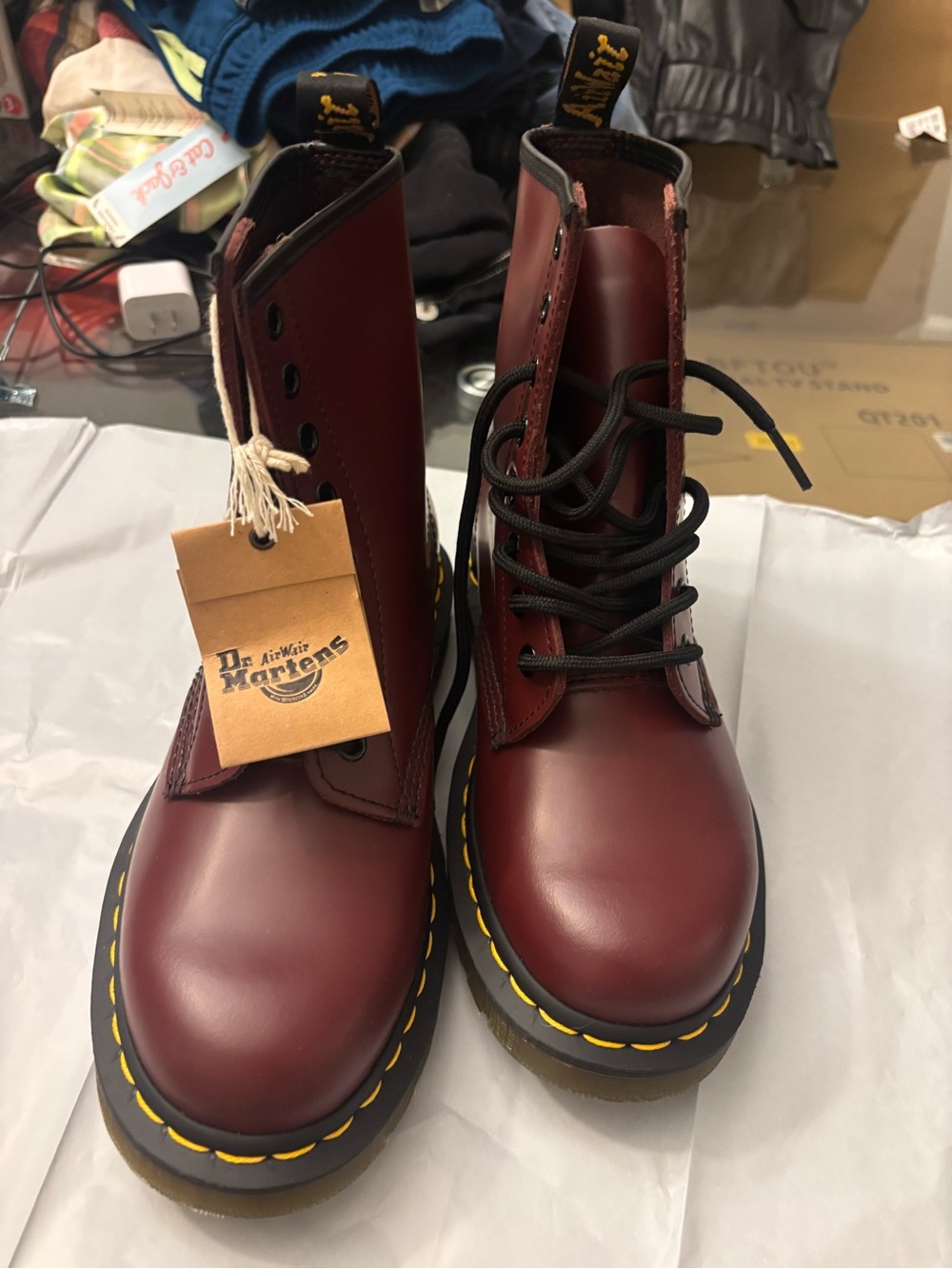 Dr. Martens Kids Burgundy Lace-Up Boots with Yellow Stitching
